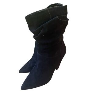 Julie Bird Womens Black Heeled Suede Sock Boot Pointy Y2K, Size 7.5